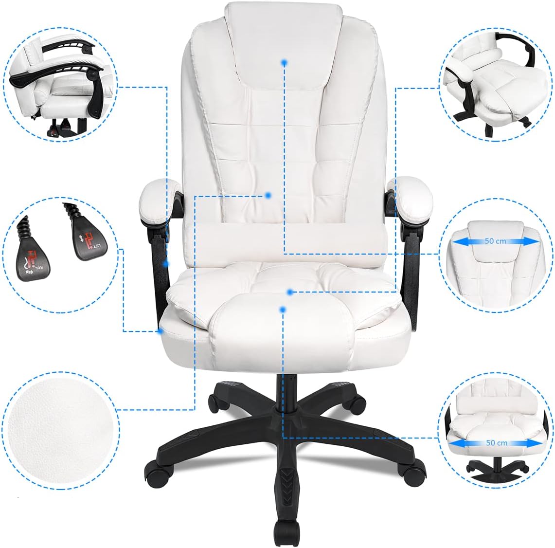 DASCK Sillón de Oficina Altura Ajustable Cuero Sintético Sila Director Blanca - Imagen 2